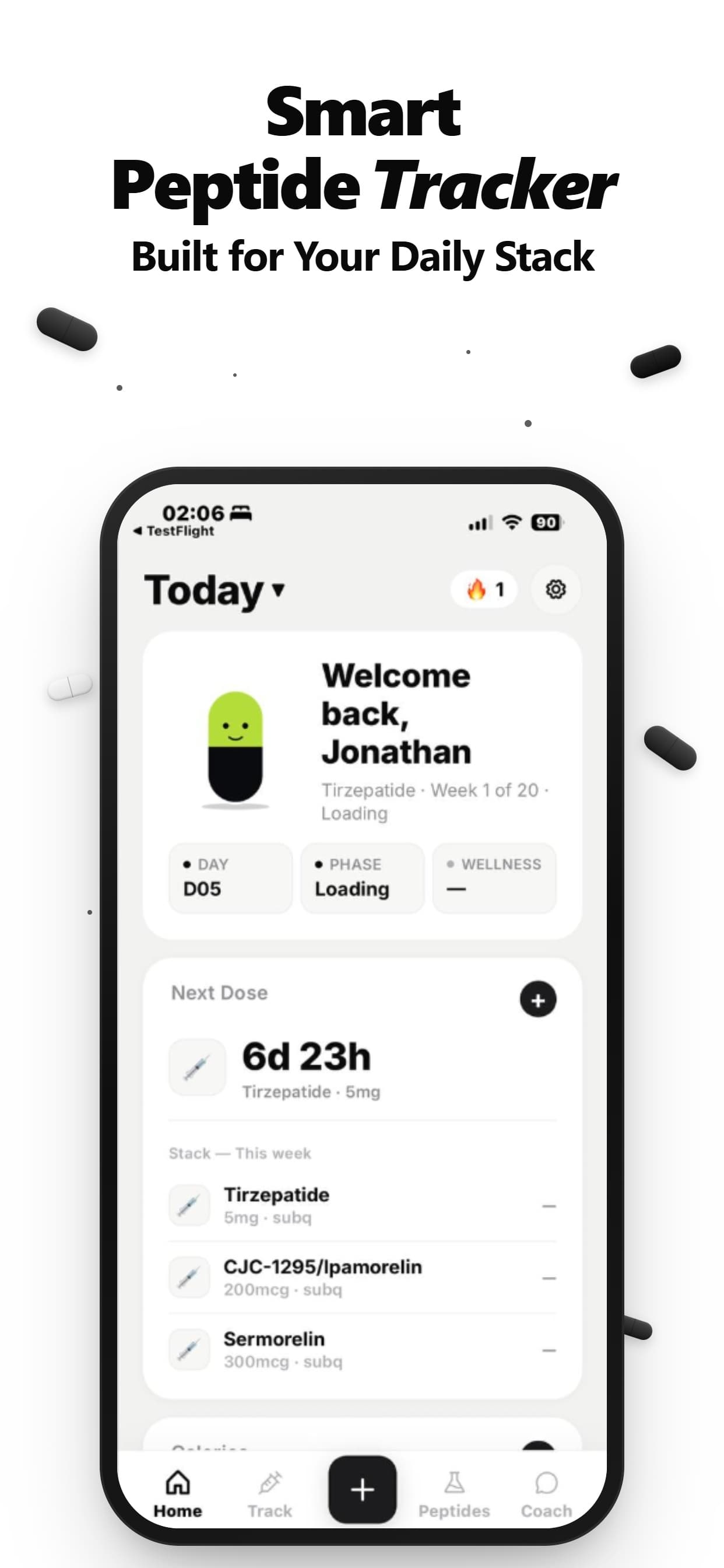 PeptPro app — daily protocol dashboard with next dose and logged history